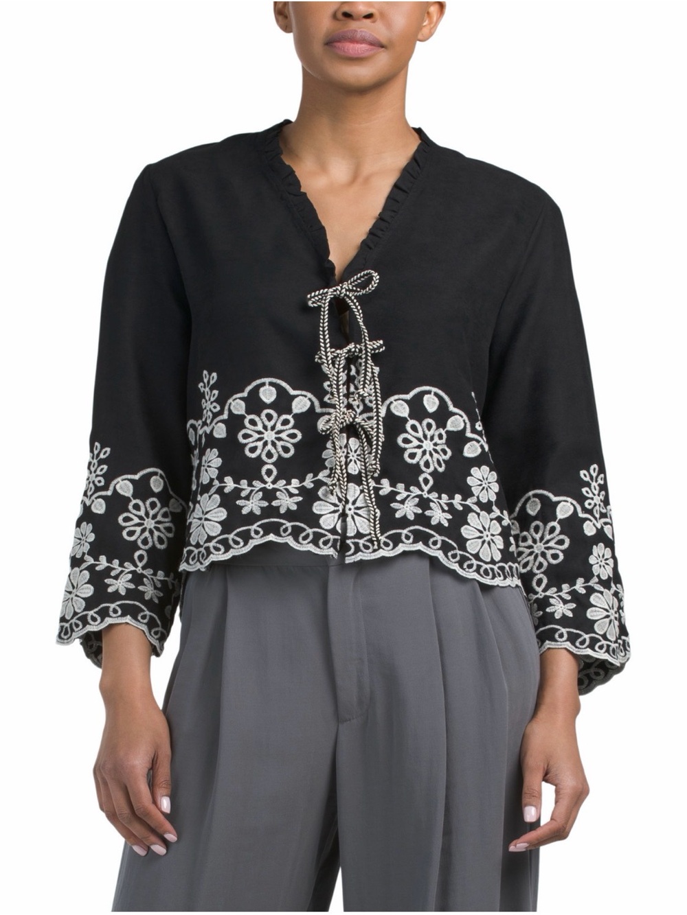 Solitaire Black Embroidered Tie-Front Blouse with White Floral Trim